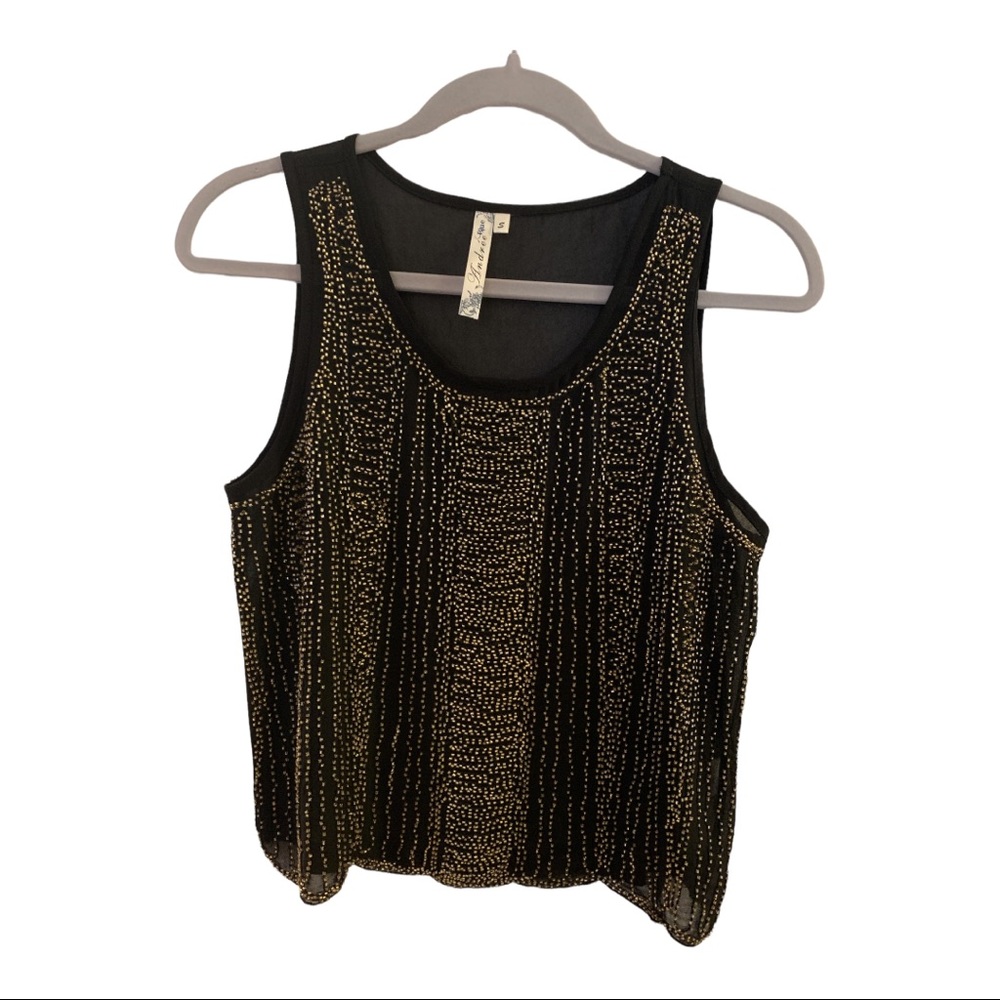 COPY - Andrée Blue Sleeveless Sheer Black Top w/ Gold Beading Detail - Size S